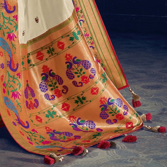 JHEAPS GORGEOUS BRIGHT WHITE BOLLYWOOD STYLE PAITHANI SILK SAREE - Picture 2 of 4